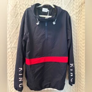 KING Navy Pullover Zip Front Windbreaker with Red Stripe.